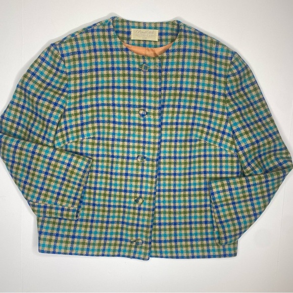 60’s Pendleton Wool Plaid 2Pc Coat Skirt Set Green, Blue, Beige Sz14 EUC - Picture 2 of 9